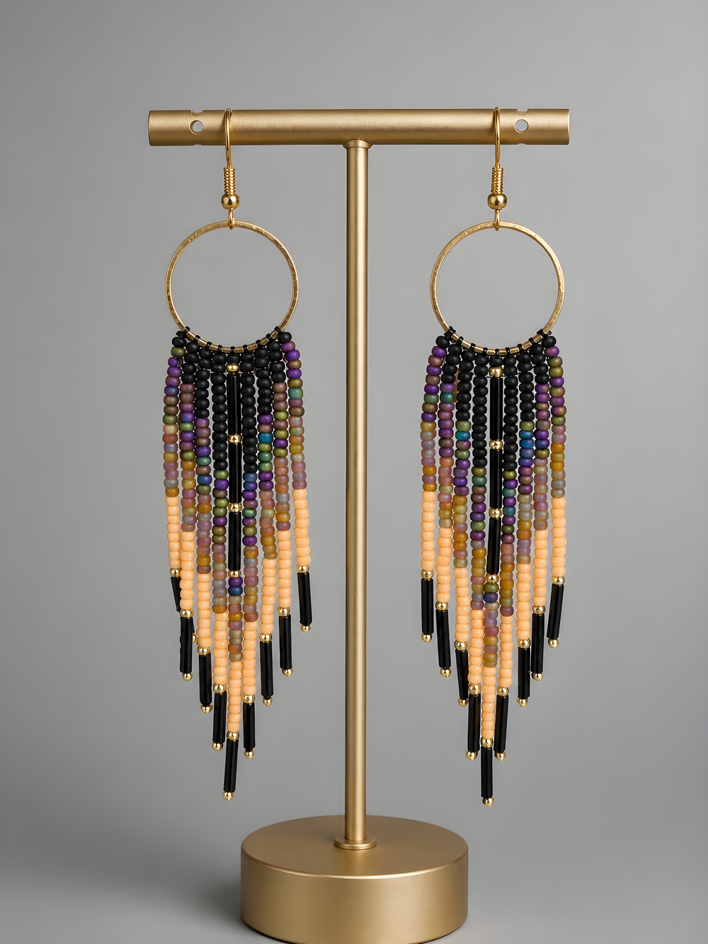 Handmade Cosmic Geo Southwestern Boho Fringe Beaded Earrings - Black Purple